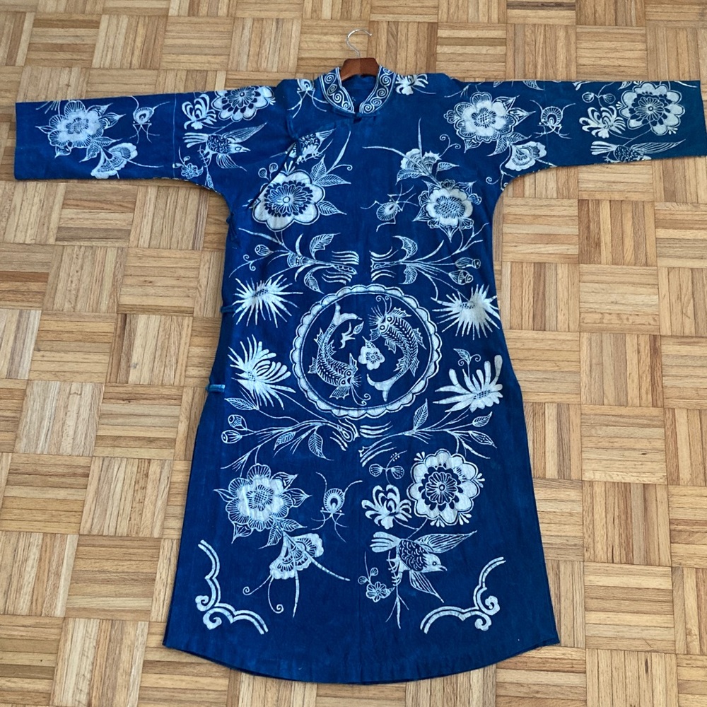 Handmade Indigo Wax Drawing Cotton Gown from Art Gallery in Thailand Dress New